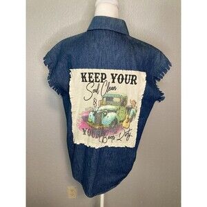 Denim Western Shirt Women 6 Soul Clean & Boots Dirty Upcycled Boho Aztec Rodeo